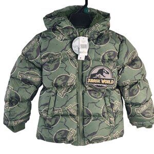 NWT Jurassic World Boys Green Puffer Jacket With Hood Size 5T